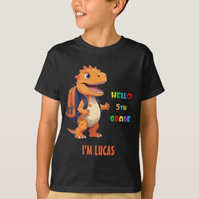 Hello 5th grade Dinosaur with name back to school T-Shirt (Front)