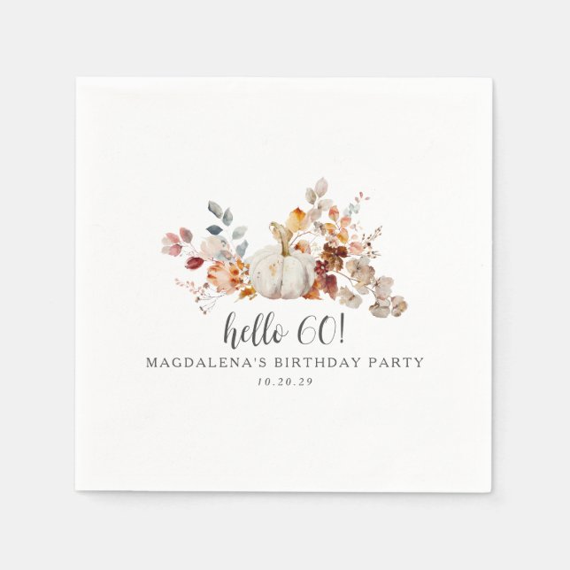 Hello 60 Fall Pumpkin Leaves Custom Birthday Napkin (Front)