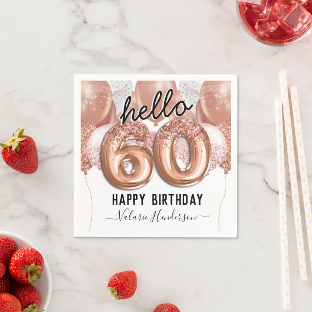 Hello 60 Pink Glitter Birthday Balloons Napkins (Insitu)