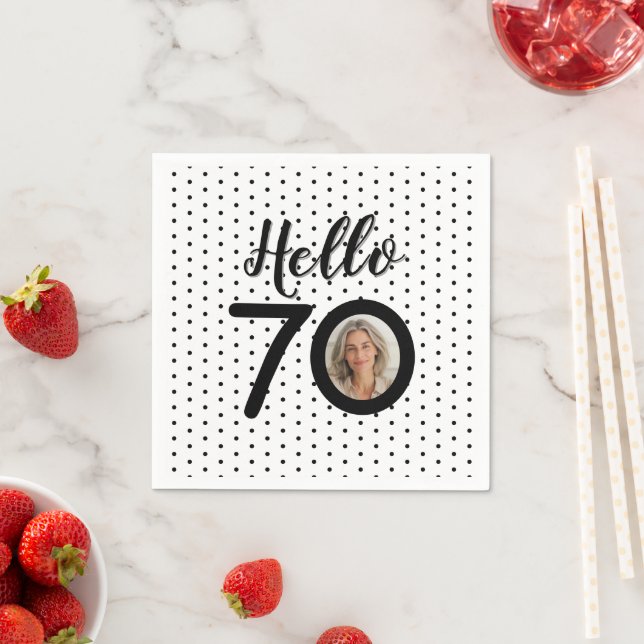 Hello 70 Black & White Dots Photo Birthday Napkin (Insitu)
