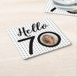 Hello 70 Black & White Dots Photo Birthday Square Paper Coaster