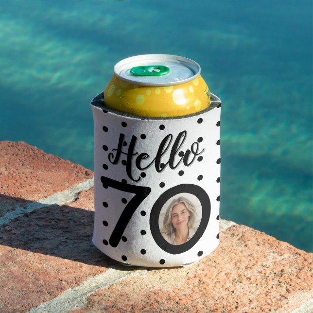 Hello 70 Black & White Dots Photo & Name Birthday Can Cooler (In Situ Pool)