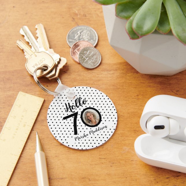 Hello 70 Black & White Dots Photo & Name Birthday Keychain (Desk)