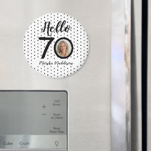 Hello 70 Black & White Dots Photo & Name Birthday Magnet