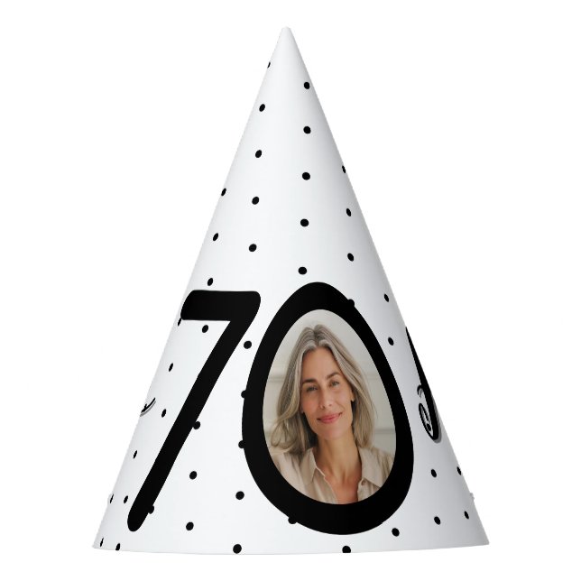 Hello 70 Black & White Dots Photo & Name Birthday Party Hat (Front)