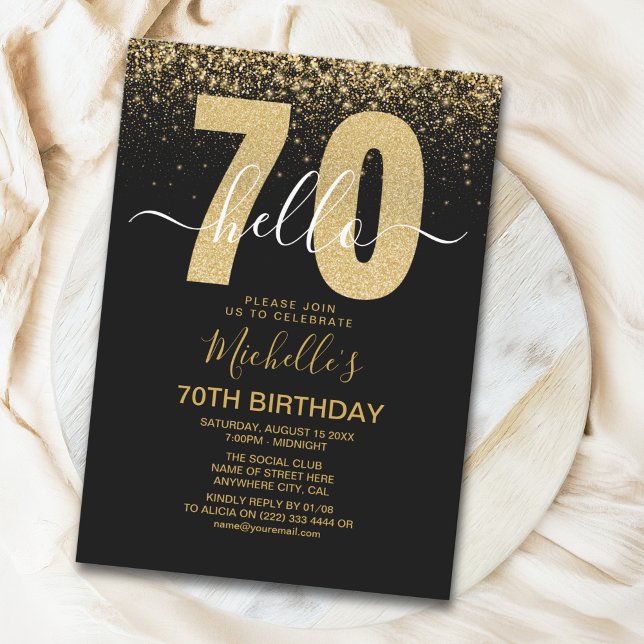 Hello 70! modern 70th birthday with gold glitter  invitation (Creator Uploaded)