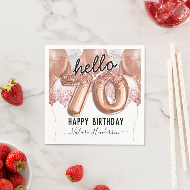 Hello 70th Birthday Pink Glitter Balloons Napkin (Insitu)