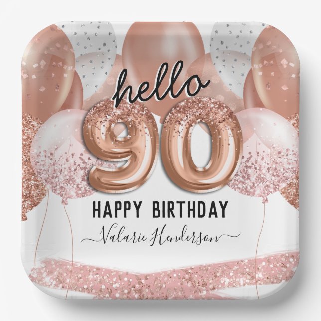 Hello 90 Pink Glitter Birthday Balloons Paper Plat Plate (Front)