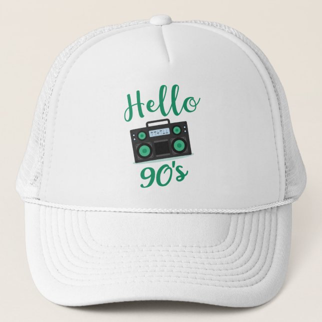 Hello 90s radio cassette recorder trucker hat (Front)