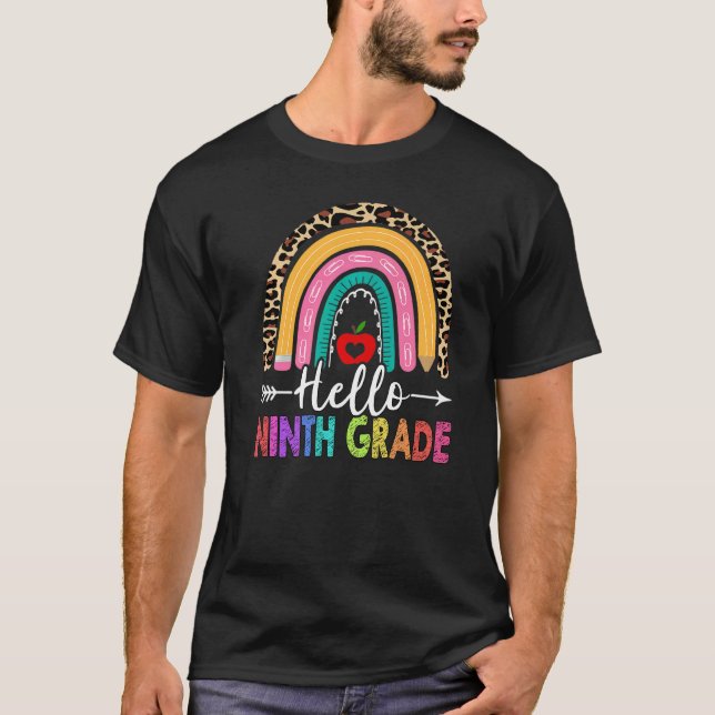 Hello 9th Ninth Grade Teacher Rainbow Leopard Back T-Shirt (Front)