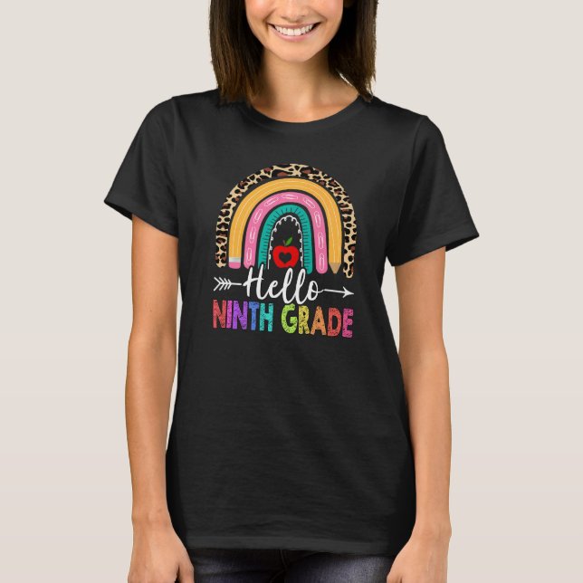 Hello 9th Ninth Grade Teacher Rainbow Leopard Back T-Shirt (Front)