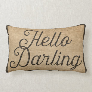 Hello and Goodbye Darling Vintage Burlap Lumbar Pillow