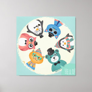 Hello! Animal Friends Circle Canvas Print