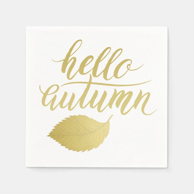 Hello Atumn | Faux Gold Brush Script Napkin (Front)