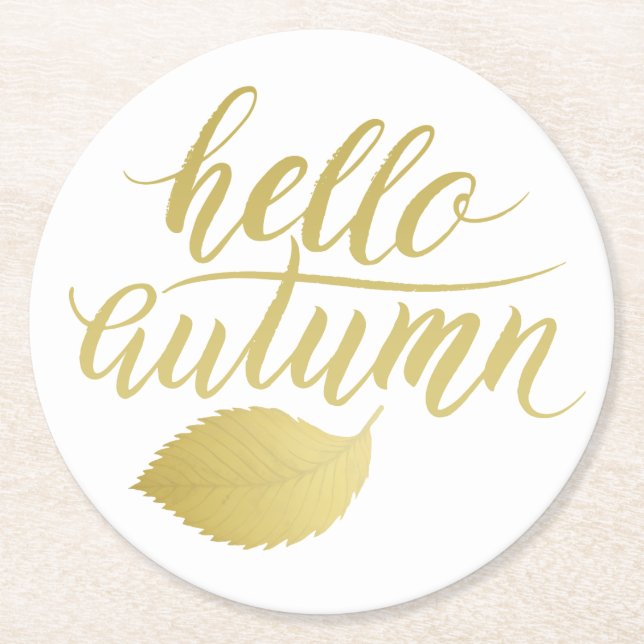 Hello Atumn | Faux Gold Brush Script Round Paper Coaster (Front)