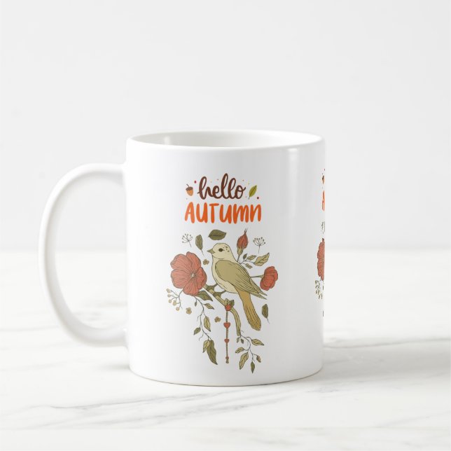 Hello Autumn Bird and Flowers Coffee Mug (Left)