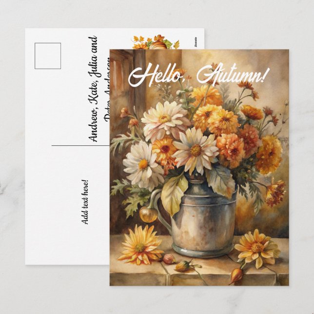 Hello, Autumn - Bucket with Flowers  Holiday Postcard (Front/Back)