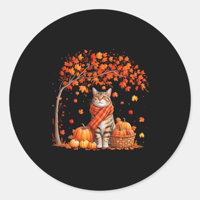 Hello Autumn Cat Fall Leaf Kitten Lover Thanksgivi Classic Round Sticker (Front)