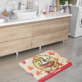 Hello Autumn, Cute Cat Sits in Umbrella  Bath Mat