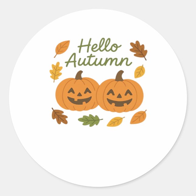 Hello Autumn Cute Smiling Pumpkins Classic T-Shirt Classic Round Sticker (Front)