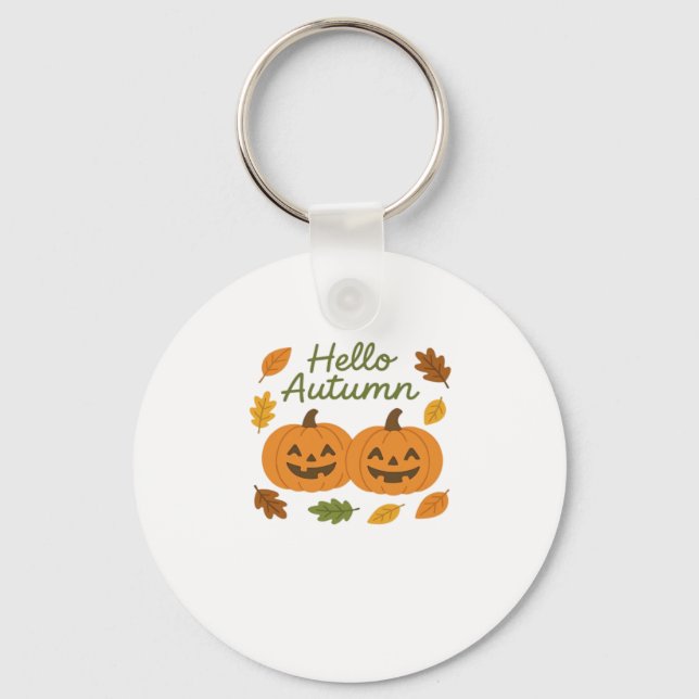 Hello Autumn Cute Smiling Pumpkins Classic T-Shirt Keychain (Front)