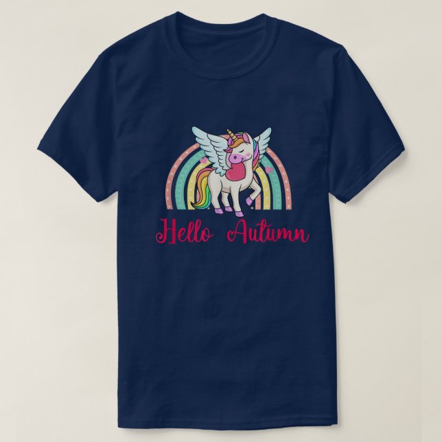 Hello Autumn cute unicorn rainbow pattern  T-Shirt (Design Front)