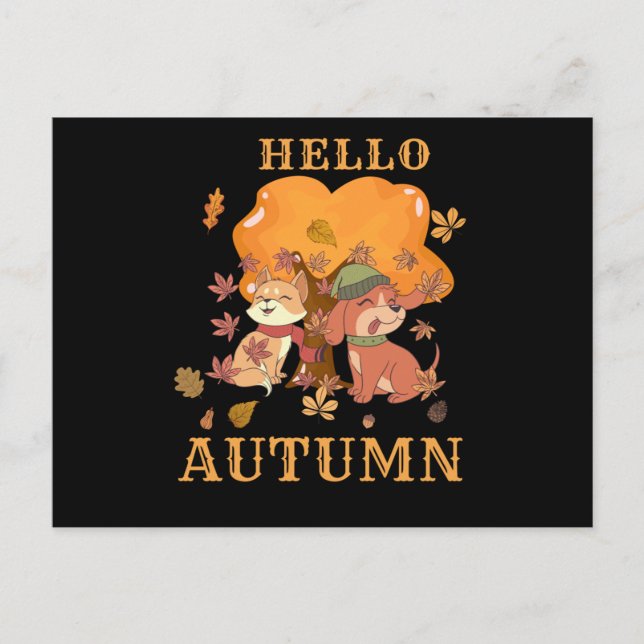 Hello Autumn - Dog Cat Tree Foliage Autumn Leaves Postcard (Front)
