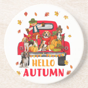 Hello Autumn Fall Beagle Dog Thanksgiving Pumpkin Coaster