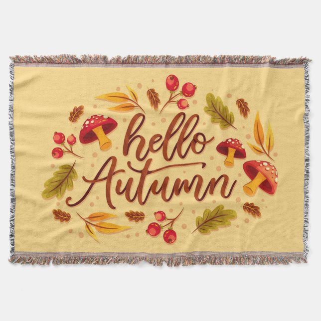 Hello Autumn Fall Mushroom Autumn Colour Leaves Throw Blanket (Front)
