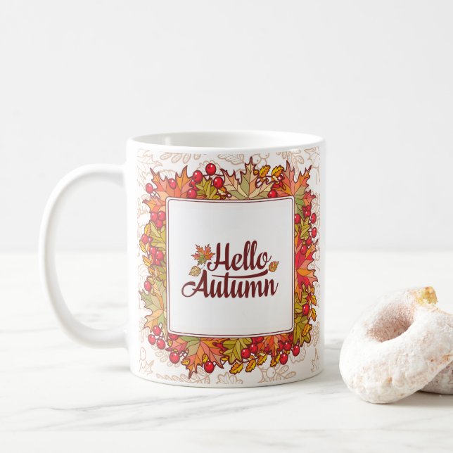 Hello Autumn Fall Season Floral Coffee Mug (With Donut)