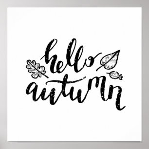 Hello Autumn Leaves Black and White Calligraphy Poster