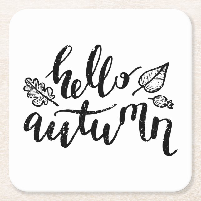 Hello Autumn Leaves Black and White Calligraphy Square Paper Coaster (Front)