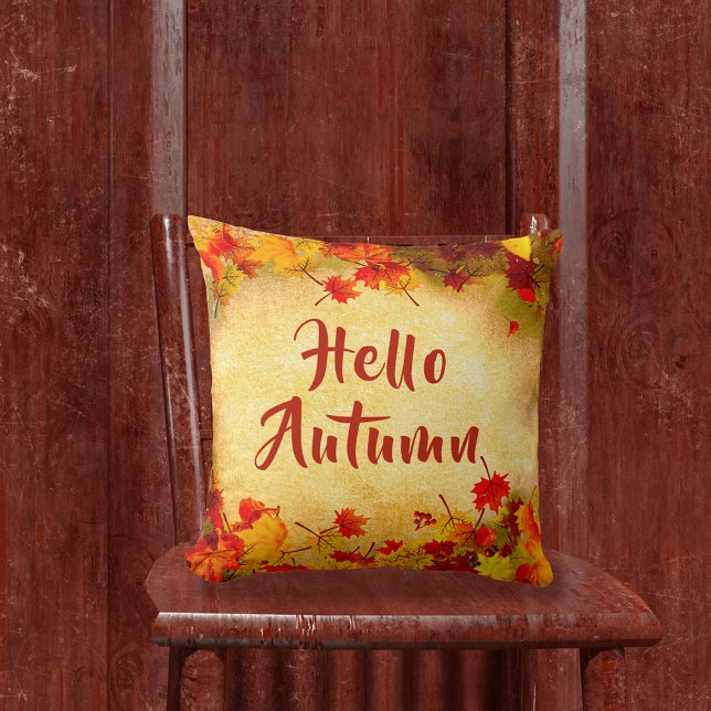 Hello Autumn Leaves on Old Paper Background  Throw Pillow (Creator Uploaded)