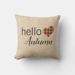 Hello Autumn Plaid Farmhouse Linen Fall Colours Throw Pillow