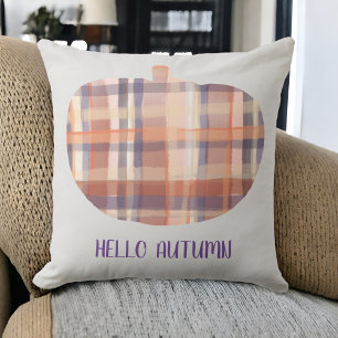 Hello autumn pumpkin tartan watercolor grey orange throw pillow