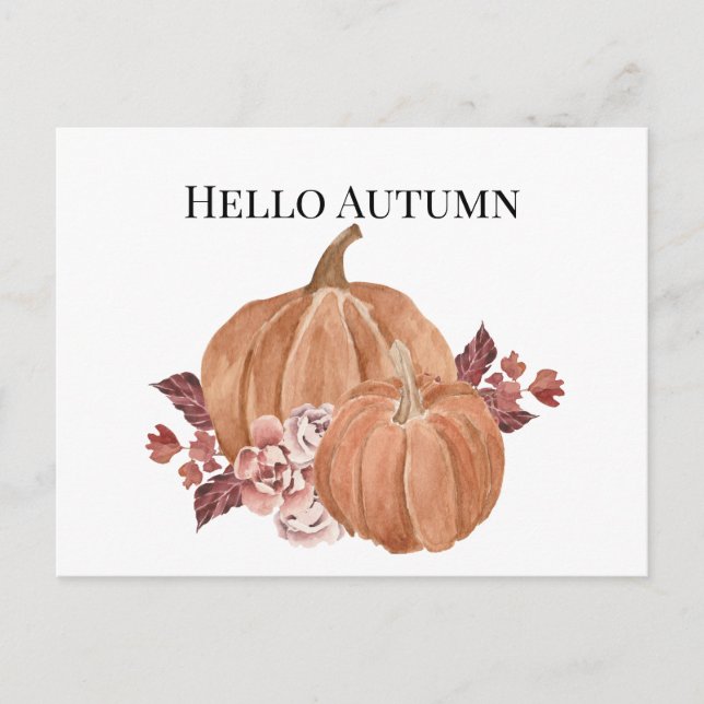 Hello Autumn Pumpkin Watercolor Postcard (Front)
