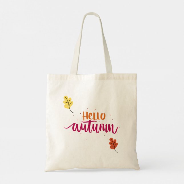 Hello Autumn Typography Design | Cute Fall Leaves  Tote Bag (Back)