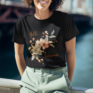 Hello Autumn Watercolor Floral Black T-Shirt