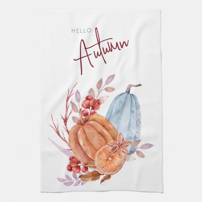 Hello Autumn Watercolor Pumpkins Kitchen Towel (Vertical)