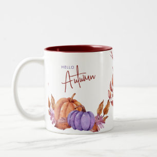 Hello Autumn Watercolor Pumpkins Two-Tone Coffee Mug