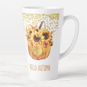 Hello Autumn Watercolor Sunflower Pumpkin  Latte Mug