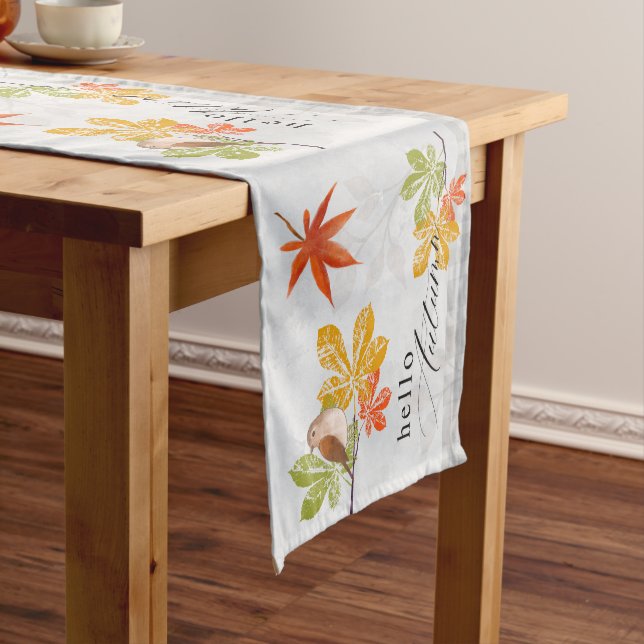 Hello Autumn with Bird and Fall Leaves Medium Table Runner (In Situ)