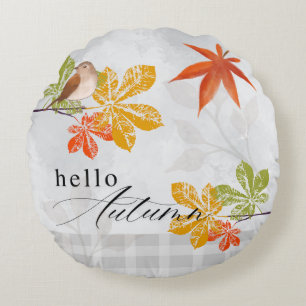 Hello Autumn with Bird and Fall Leaves Round Pillow