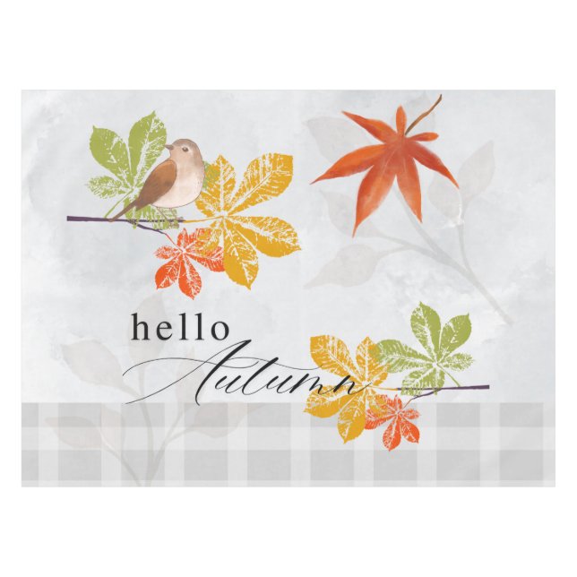 Hello Autumn with Bird and Fall Leaves Tablecloth (Front (Horizontal))