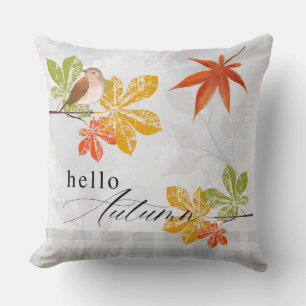 Hello Autumn with Bird and Fall Leaves Throw Pillow