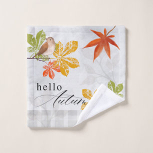Hello Autumn with Bird and Fall Leaves Wash Cloth
