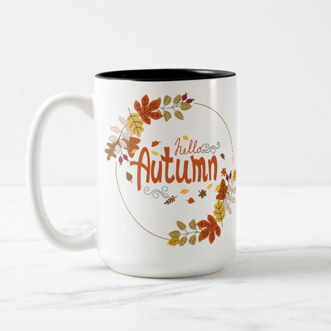Hello Autumn with Leaf Design Two-Tone Coffee Mug (Left)