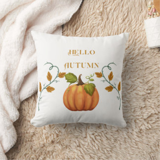 Hello Autumn with Pumpkin orange text and image Throw Pillow