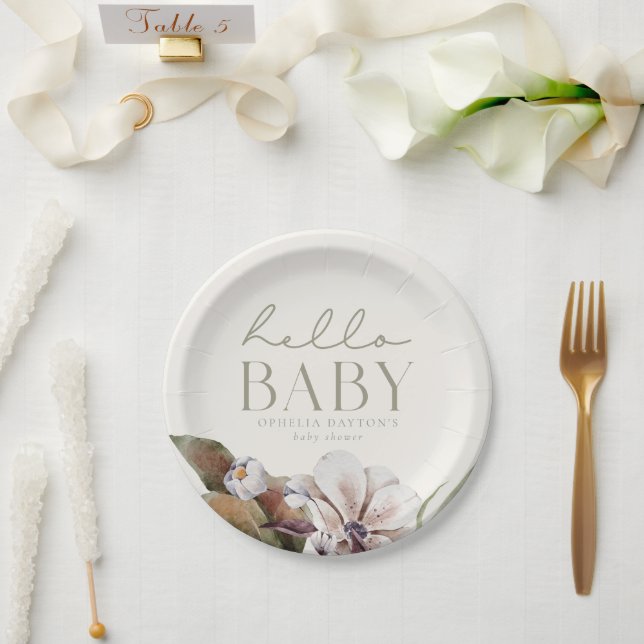 HELLO BABY | Autumn Botanical Sage and Ivory Paper Plate (Wedding)