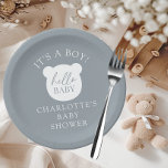 Hello Baby Bear It's a Boy Paper Plate<br><div class="desc">This charming baby design features an adorable bear motif, perfect for celebrating the arrival of a new little one. The design is sweet and whimsical, with the words "hello baby" bear baby adding a playful touch to the overall look. Ideal for a gender-neutral shower, this design is sure to delight...</div>